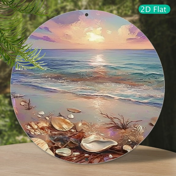 1pc Aluminum Round Wall Art - Peaceful Seaside Sunset with Driftwood and Seashells - Weather Resistant Metal Sign for Birthday, Bachelor, Graduation, Beach & Anniversary Parties - Durable Beach Decor