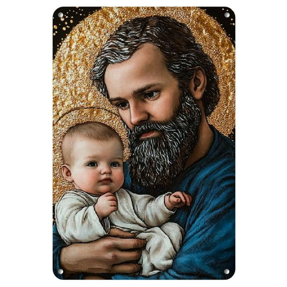 1pc, Aluminum Sign, Saint Joseph And Baby Jesus in Glittering Icon Style, Religious Wall Decor, 8×12In/ 20Cm*30Cm, Perfect for Church Or Prayer Room, Catholic Art, Ideal Faith-Based Gift
