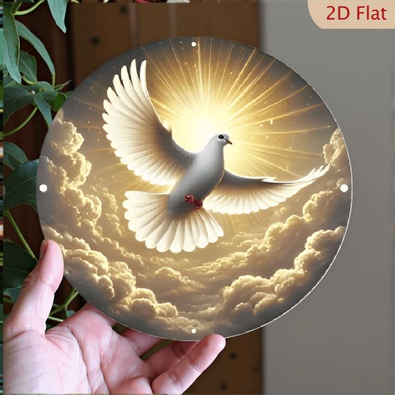 1pc Aluminum Wall Art with Peace Pigeon Weatherproof Metal Plate with Classic Vintage Design, 8*8inch_ Circular, Inspiring White Pigeon & Heavenly Scene for Decoration