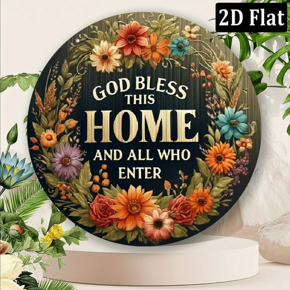 1pc Aluminum Welcome Sign Art Set of 1 - 8-Inch Round God Bless This Home and All Who Enter - Floral Wreath Design for Front Door, Porch & Entryway Decor Round Shaped Aluminum Sign