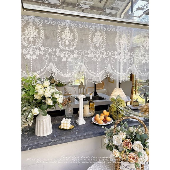 1pc American French European Style Embroidered Double Layer Lace Floral Pearl Decor Window Curtain Sheer 65*174cm