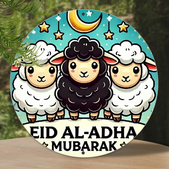 1pc Americana Style Eid Al-Adha Mubarak Metal Sign, Door Mount, No Electricity Needed, Versatile Use, with 8x8 inch for Home, Garden, Porch, Living Room, Party Decor Metal Sign Wall Decor