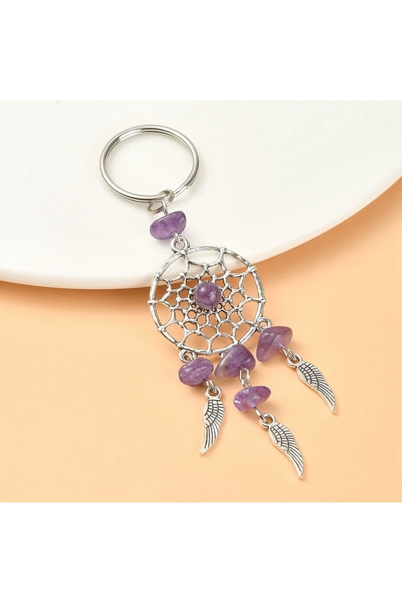 1pc Amethyst Chips Keychain with style Pendants and 316 Surgical Stainless Steel Key Ring Woven Net/Web with Feather 107mm : 82x28x7mm