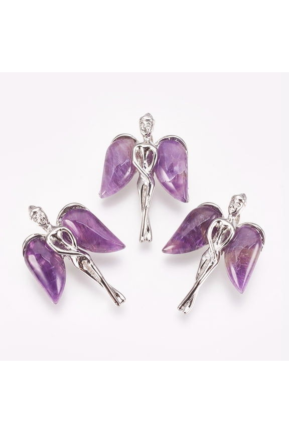 1pc Amethyst Pendants with Brass Findings Angel 34x23x8mm Hole: 3x5mm