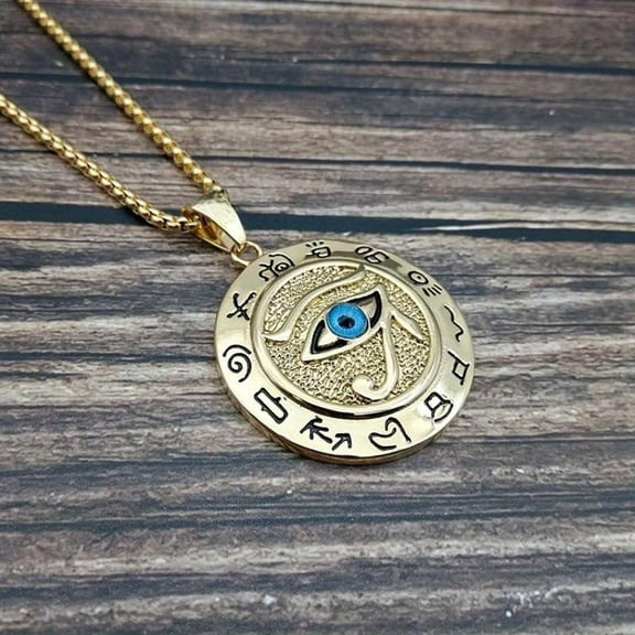 1pc Ancient Egyptian Eye of Horus Pendant Necklace Hip Hop Men's Accessories The Eye Of Horus Eagle Head Divine Eye Necklace,Golden Smear