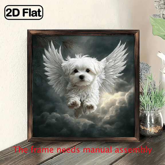 1pc Angel Wings Maltese Puppy Flying Clouds Realistic Pet Wall Art, 8x8'' Wooden Framed Panel Painting, Wall Decor for Home, Office, Bedroom, Living Room, Kitchen, Bar, Restaurant, Room, Painting Art