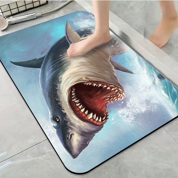 1pc Angry Shark in Ocean Bathroom Rug Bathroom Decor and Accessories- Durable,Anti Slip,And Quick Drying,Suitable For Indoor/outdoor Use - Perfect For Bathrooms,Bedrooms,Kitchens