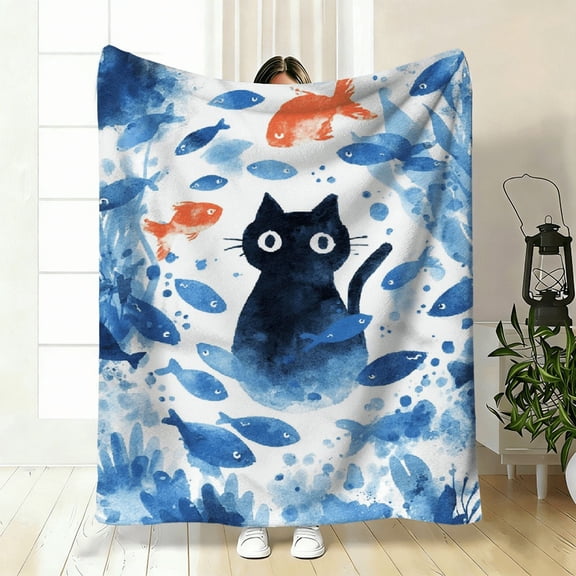 1pc Animal Print Blanket, Black Cat Design, Cute Cartoon Watercolor Style with Fish, Grass, and Plant Motifs. Soft and Warm, Perfect Holiday Gift for Classmates.