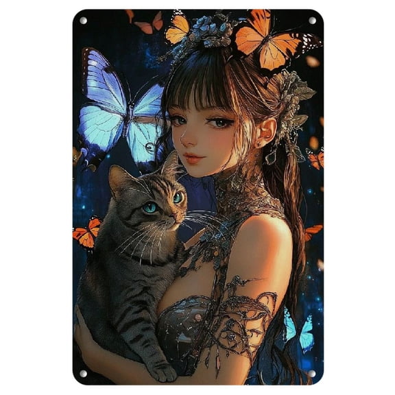 1pc Anime Girl and Tabby Cat Metal Wall Art, Vintage Iron Metal Logo Poster, Creative Mixed Color Room Wall Decor, Ideal Gift for Living Room, Bedroom, Hallway - 20x30cm/8x12inch