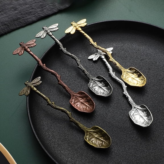 1pc Antique Bronze Retro Dragonfly Spoon,Stainless Steel Tableware Creative Coffee Tea Sugar Scoop,Stir Bar Stirring Dessert Long Handle Spoon,Kitchen Gadget Flatware