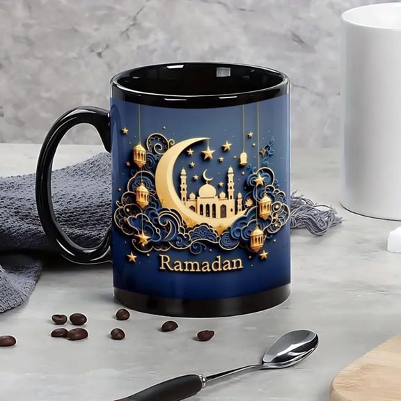 1pc Arabic Ramadan Ceramic Mug 11oz Dual Sided Print Reusable Coffee Cup with Crescent Moon Design Blue Golden Accents Ramadan Christmas Father s Day Gifts Office Home Dining Accessories