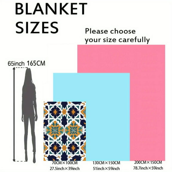 1pc Arabic Style Flannel Throw Blanket - Soft, Lightweight, All-Season Comfort with Intricate Geometric Patterns in Blue, Orange, Green, and White - Ideal for Bed, Sofa, Office, Travel, and Camping
