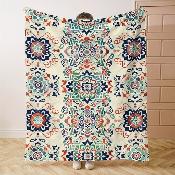 1pc Arabic Style Flannel Throw Blanket – Soft, Lightweight, All-Season Comfort with Vibrant Floral Patterns in Red, Blue, Green & White, Perfect for Bed, Sofa, Office, Travel & Gifts