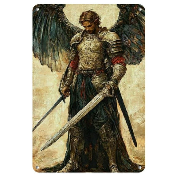 1pc, "Archangel Michael" Iron Sign, 12x8 Inches, 2D Flat Artwork, Metal Wall Art Poster, Whimsical Bathroom & Bar Decor, Humorous Farmhouse & Garage Decor, Artist Drawing Set
