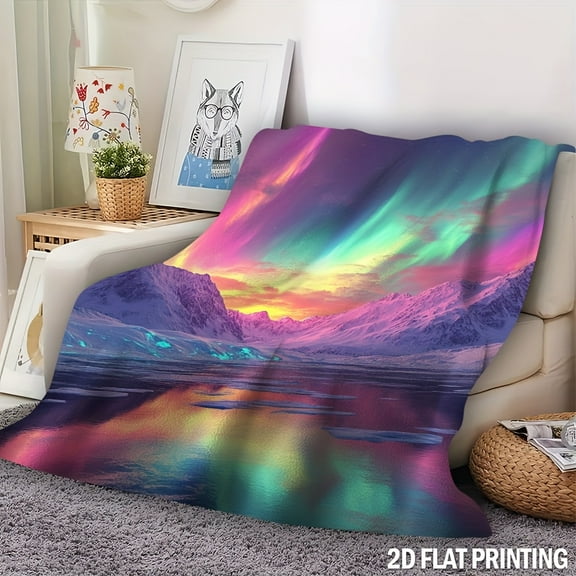 1pc Arctic Snow Mountains & Northern Lights 2D Flat Digital Print Flannel Blanket - Vibrant Aurora Borealis Design, All-Season Soft Warmth, Multi-Use for Home Decor, Camping, Holiday Gift, Blanket fo