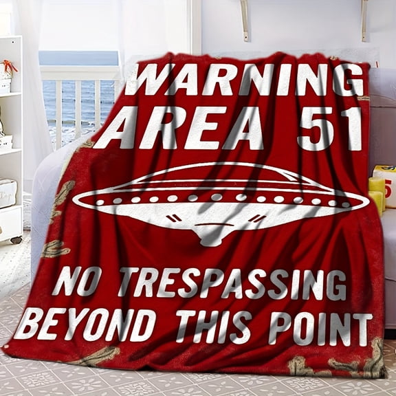 1pc Area 51 Alien-Themed Warning Sign Blanket - UFO Design with Rendlesham Forest & Groom Lake Nevada Map Labels, Soft Flannel All-Season Bedspread for Camping, Travel, Decor - -Inspired Top Document