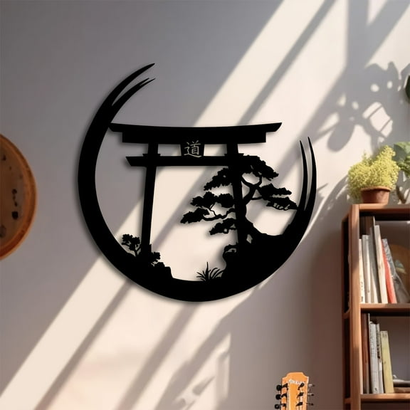 1pc Art Deco Japanese Torii Gate and Bonsai Tree Metal Wall Sculpture - Elegant Indoor & Outdoor Hanging Decor, No Power Needed, Featherless, Ideal Housewarming Gift