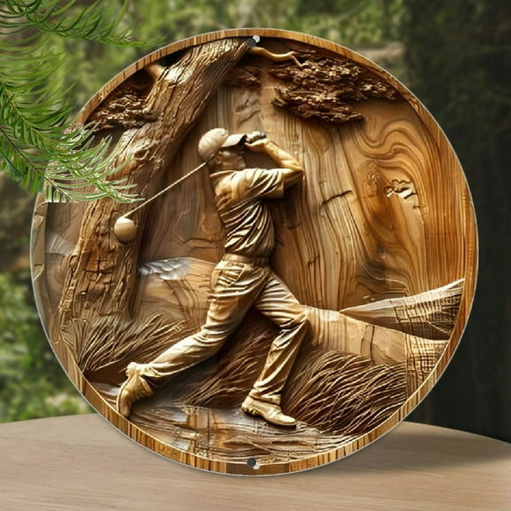 1pc Art Deco Style Golf Themed Faux Wood Aluminum Metal Sign - 8x8 Inch Round Waterproof Wall Art for Home Office Decor, No Electricity Required, Featherless, Durable HD Print Outdoor Decoration
