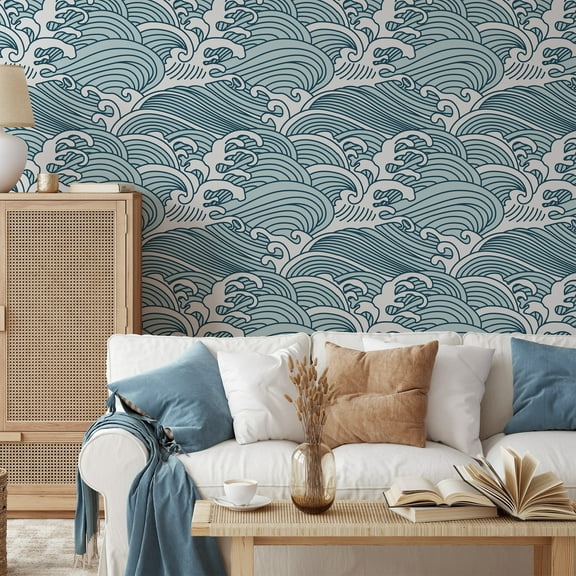 1pc Artistic Waves Peel & Stick Wallpaper - Waterproof, Removable Vinyl Japanese Mural Design, 17.7"x9.8' - Perfect for Living Room, Bedroom Wall Art & Home Decor, Wall Decor