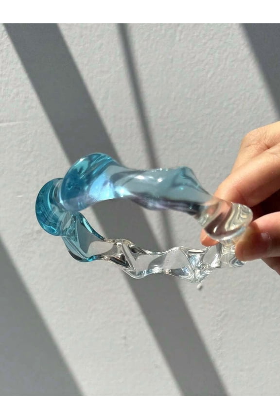 1pc Asymmetrical Resin Bangle In E: Iridescent Aqua-Blue To Clear Laser Wave Gradient, Coastal Fashion Accessory
