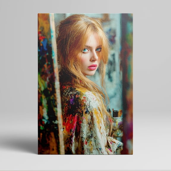 1pc Attractive Young Female Artist with Long Blond Hair and Color - Splattered Garments framed Decor room hanging Wall Picture Decor for Home Gifts, living room, bathroom, bedroom, kitchen wall art
