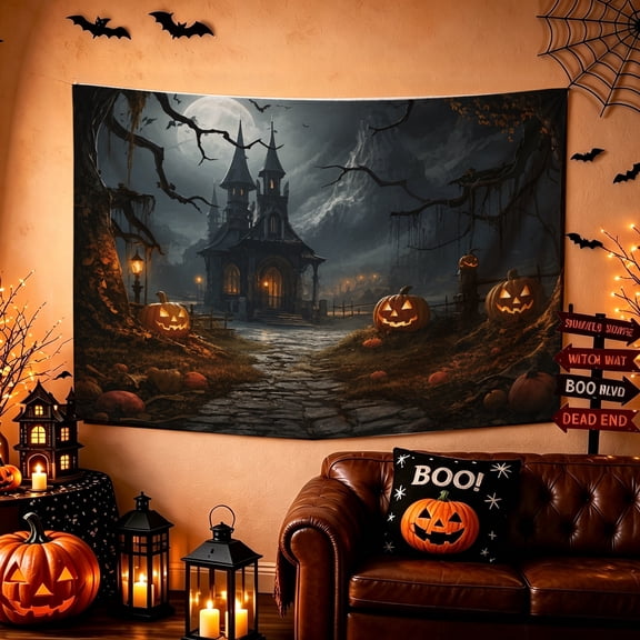 1pc Autumn Farm Pumpkin Patch Landscape Tapestry 74x72/80x72/86x72 inch Halloween Gothic Spooky Wall Decor