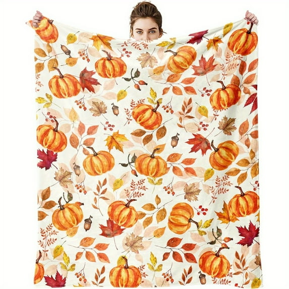 1pc Autumn Harvest Blanket - Soft Flannel Pumpkin and Maple Leaf Pattern