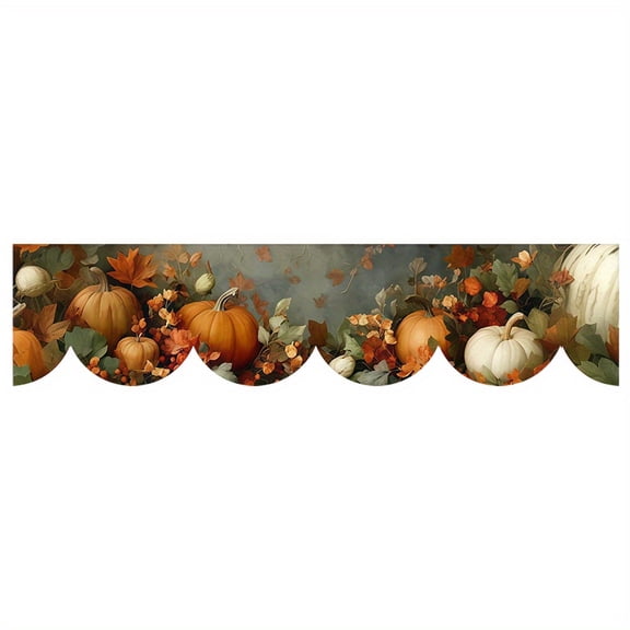 1pc Autumn Harvest Fireplace Mantle Scarf/Table Runner with Pumpkins, Fall Leaves & Berries Print - Polyester Seasonal Decor for Halloween, Thanksgiving, Christmas - Orange, Brown, Green, Black