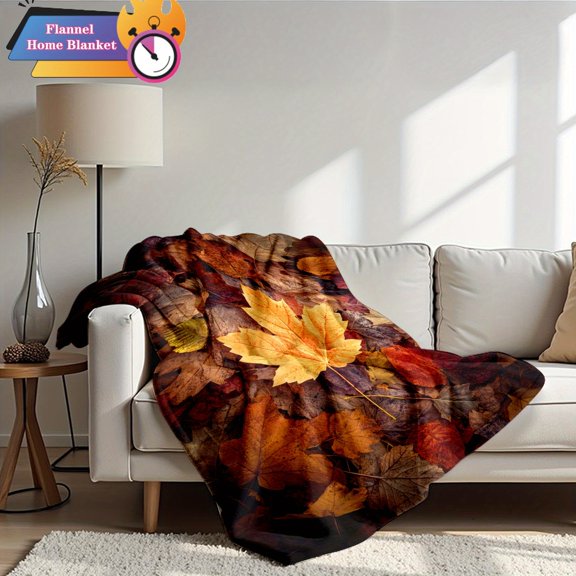 1pc Autumn Maple Leaf Flannel Blanket - Soft & Warm All-Season Cozy Throw with Stacked Red, Orange, Yellow, Brown, Black & Golden Fall Colors - Heavy-Duty Indoor/Outdoor Use for Bed, Sofa, Camping, C