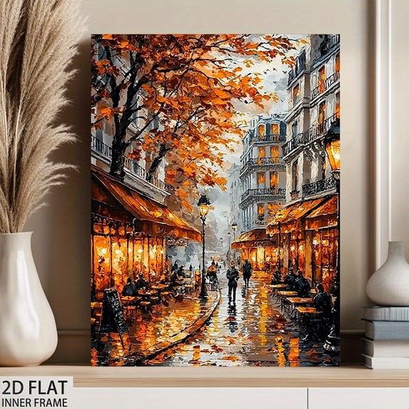 1pc Autumn Parisian Street Scene Canvas Art with Frame - Cozy & Inviting Wrapped Canvas Print for Living Room or Dining Area - Perfect Thanksgiving Gift for Francophiles,