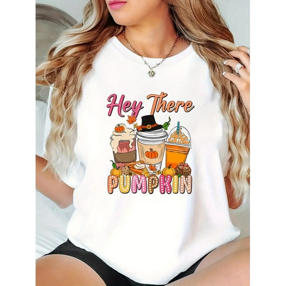 1pc Autumn Pumpkin Print Women'S Casual Crew Neck T-Shirt, Cotton Knit Fabric with Medium Stretch, Geometric Pattern Short Sleeve Fashion Top for All Seasons, Casual Sporty Tee, Summer Gifts