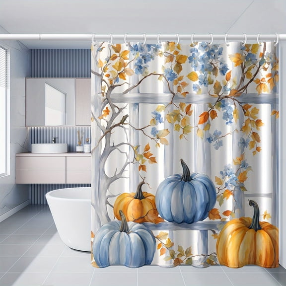 1pc Autumn Thanksgiving Maple Pumpkin Printed Polyester Shower Curtain, 72x72 inch Home Decor for Bathroom, Windows and Walls, All Seasons