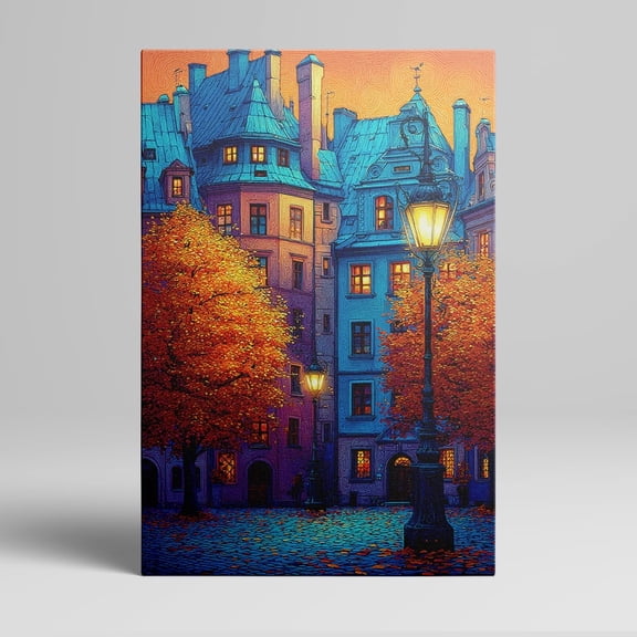 1pc Autumn - themed European Streetscape Canvas Wall Art with Illuminated Lanterns and Colorful Buildings, framed Decor room hanging Wall Picture Decor for Home Gifts, living room, bathroom, bedroom