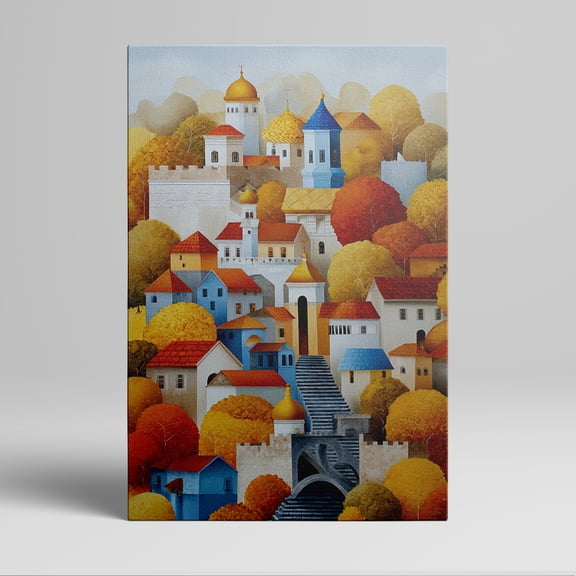 1pc Autumn - themed Village with Colorful Buildings and Onion - domed Towers Framed Decor room hanging Wall Picture Decor for Home Gifts, living room, bathroom, bedroom, kitchen wall art decor canvas