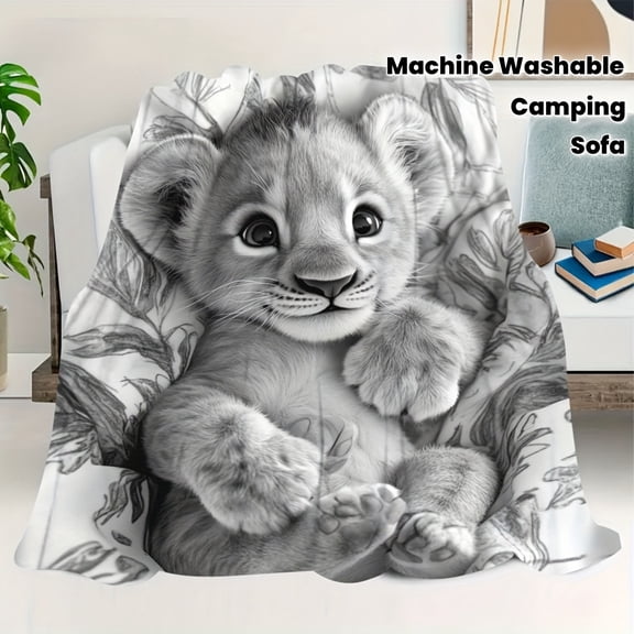1pc Baby Lion Face Blanket Soft Flannel Bedspread Suitable for Bed Sofa Travel & Camping Cozy Lion Pattern Bed for Machine Washable Year Round Decorative Bedspread
