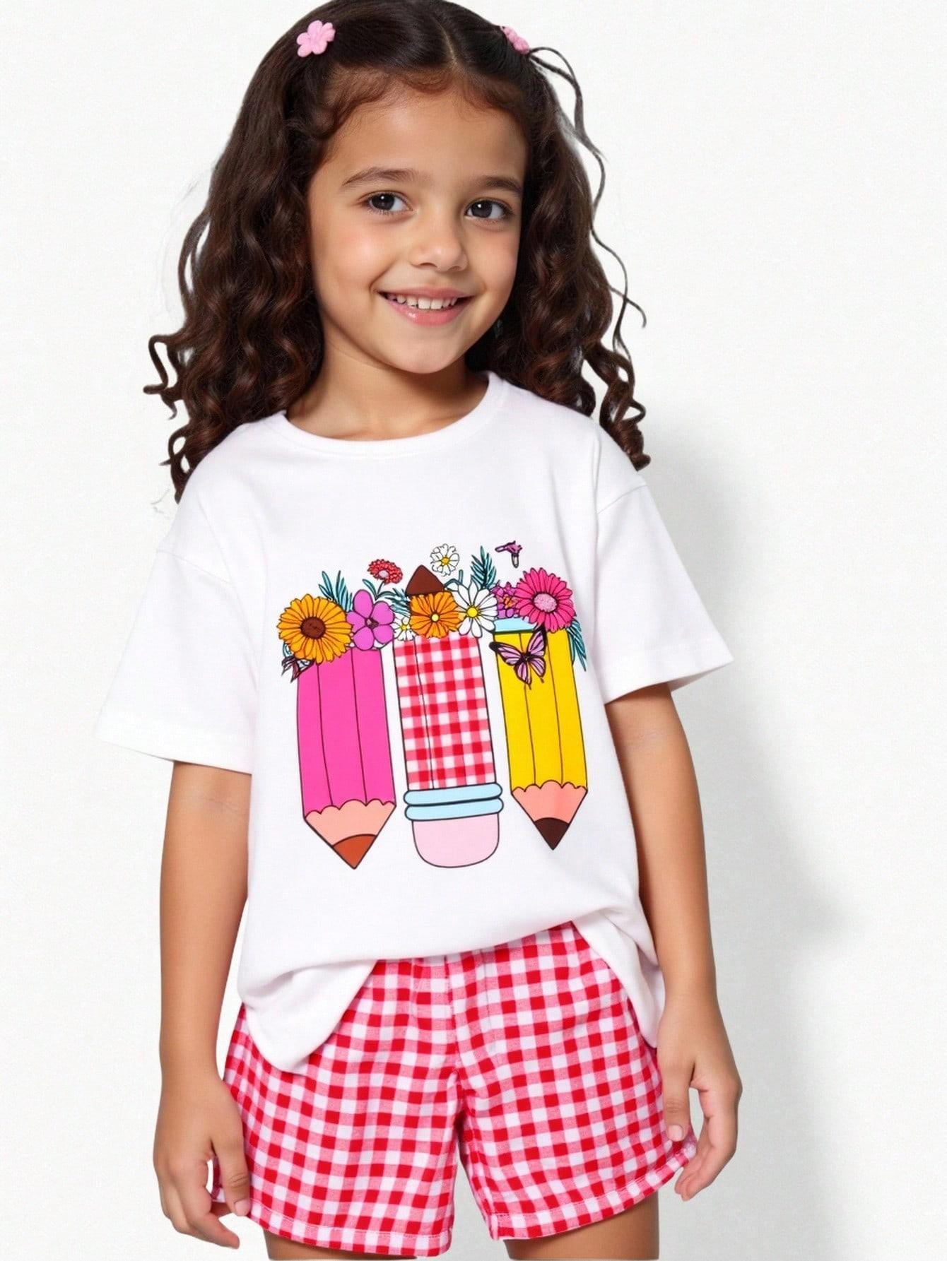 1pc Back To School Girl Pencil Drawing Print White Short Sleeve Top And ...