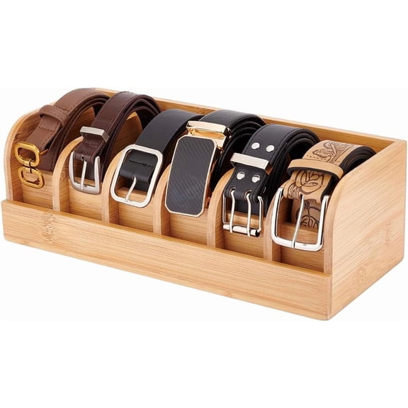 1pc Bamboo Belt Organizer Box with 6 Dividers Sturdy Wooden Display Case for Men and Women's Belts Versatile Belt Rack Belt Container Storage Holder for Wall Closet Tabletop and Drawer Mixed Color
