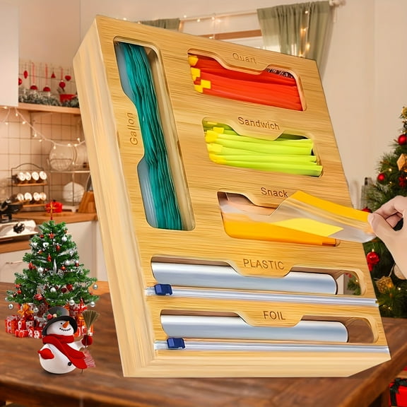 1pc Bamboo Storage Box for Plastic Wrap, Tin Foil And Plastic Bags, A 6-in-1 Storage Box with Cutting Strips, 6 Grids Wrap Dispenser with Cutter, Home Kitchen Accessories