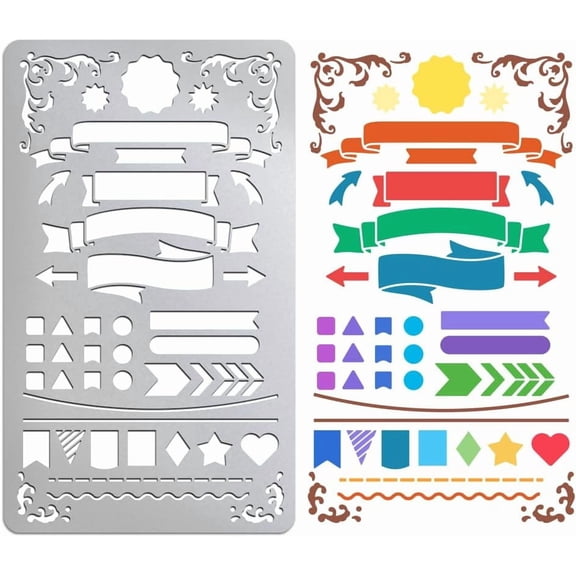 1pc Banners Icons Metal Stencils for Wood Burning Stainless Steel Bubbles Frames Reusable Template Stencils for DIY Engraving Painting Embossing Journaling Bookmark Gray
