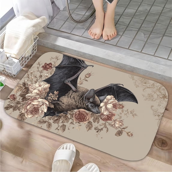 1pc Bat with Flowers Absorbent Non-Slip Bathroom Thickened Flannel Rug Decor,Soft,Quick Drying,Suitable For Indoor/outdoor Use,Bathrooms,Bedrooms,Kitchens,Terrace,Laundry Rooms,16"x24"