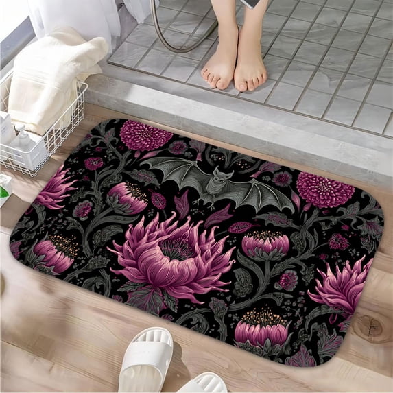 1pc Bat and Flowers Pattern Absorbent Non-Slip Bathroom Thickened Flannel Rug Decor,Soft,Quick Drying,Suitable For Indoor/outdoor Use,Bathrooms,Bedrooms,Kitchens,Terrace,Laundry Rooms,16"x24"