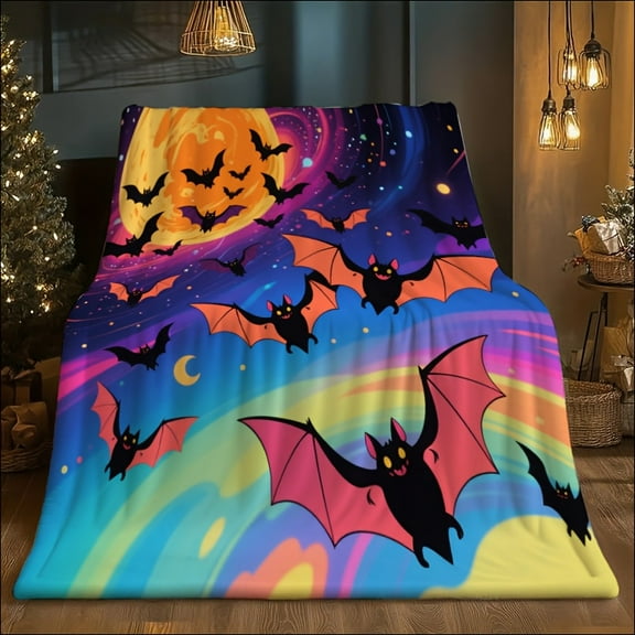 1pc Bat & Moon Night Sky Plush Fleece Blanket - Soft Flannel All-Season Bedspread with Flying Bats, Neon Rainbow & Pink Moon Design for Bed, Sofa, Camping - Cozy Gift for,, s (Bat Lovers, Dark Blue/P