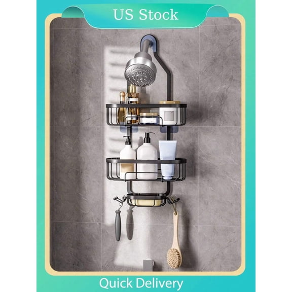 1pc Bathroom Hanging Shower Organizer, Over Head  Shower Storage Rack Basket With Hooks For Razor And Sponge Rustproof