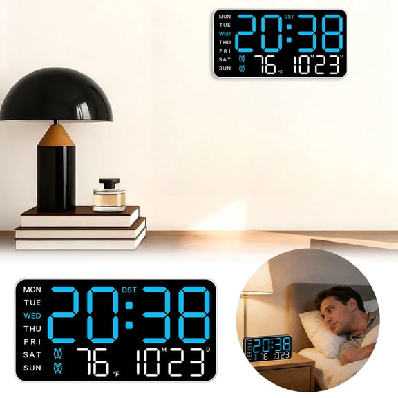 1pc Battery Operated Digital Wall Clock, Multifunctional Decorative Clock, Frameless Digital Wall Clock Large Display with Alarm,Date,Week,Temp, 5-Level Brightness&Audio Control for Home (D)