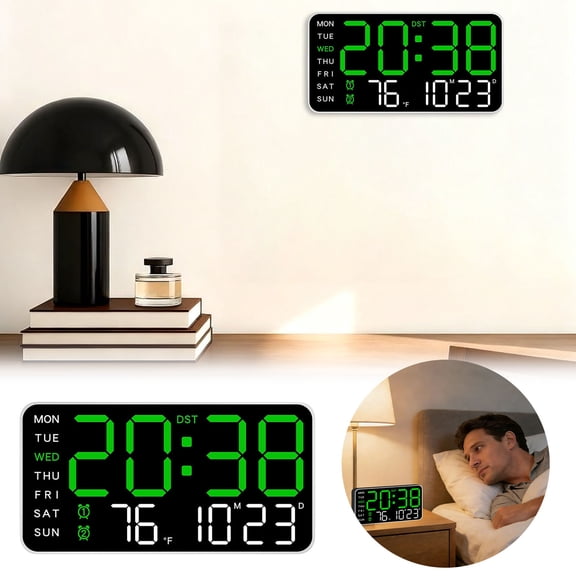 1pc Battery Operated Digital Wall Clock, Multifunctional Decorative Clock, Frameless Digital Wall Clock Large Display with Alarm,Date,Week,Temp, 5-Level Brightness&Audio Control for Home (A)
