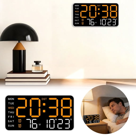 1pc Battery Operated Digital Wall Clock, Multifunctional Decorative Clock, Frameless Digital Wall Clock Large Display with Alarm,Date,Week,Temp, 5-Level Brightness&Audio Control for Home (B)