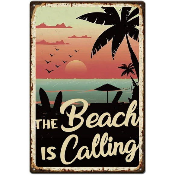1pc the Beach is Calling Tin Signs Hanging Metal Posters Vintage Metal Tin Signs Beach Posters Iron Wall Art Tin Signs Home Wall Decoration for Bars Cafe Pubs Restroom Bedroom 20x30cm