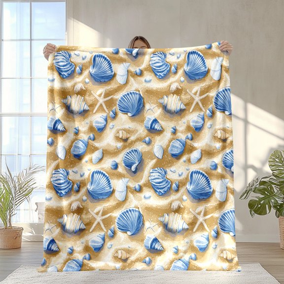 1pc Beach Shell Pattern Flannel Blanket, Fashion Style, Fantasy Theme, Four Seasons Multi-Functional, Knitted Polyester