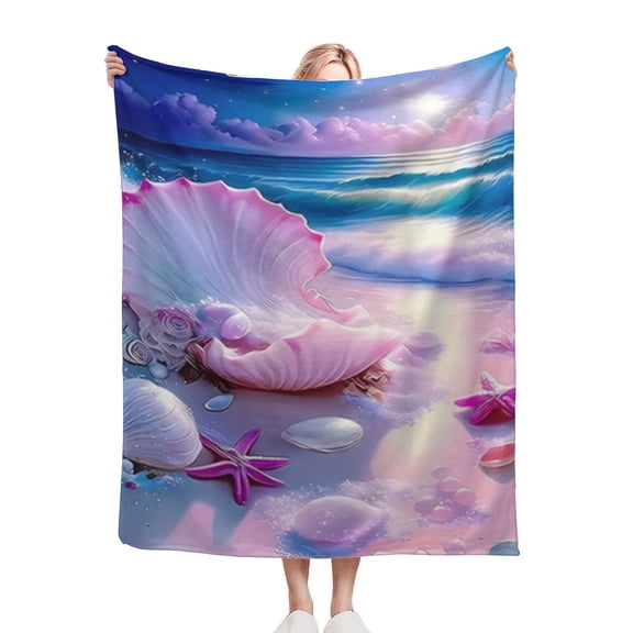 1pc Beach Shell Patterned Soft Flannel Blanket – Cozy Knitted Polyester, All-Season Comfort for Sofa & Naps, Vibrant Seashell Design with Starfish & Waves