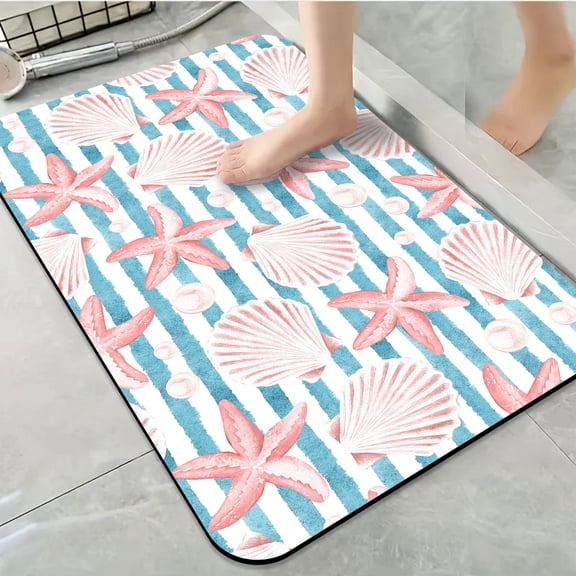 1pc Beach Shells Stripes Bathroom Rug Bathroom Decor and Accessories- Durable,Anti Slip,And Quick Drying,Suitable For Indoor/outdoor Use - Perfect For Bathrooms,Bedrooms,Kitchens